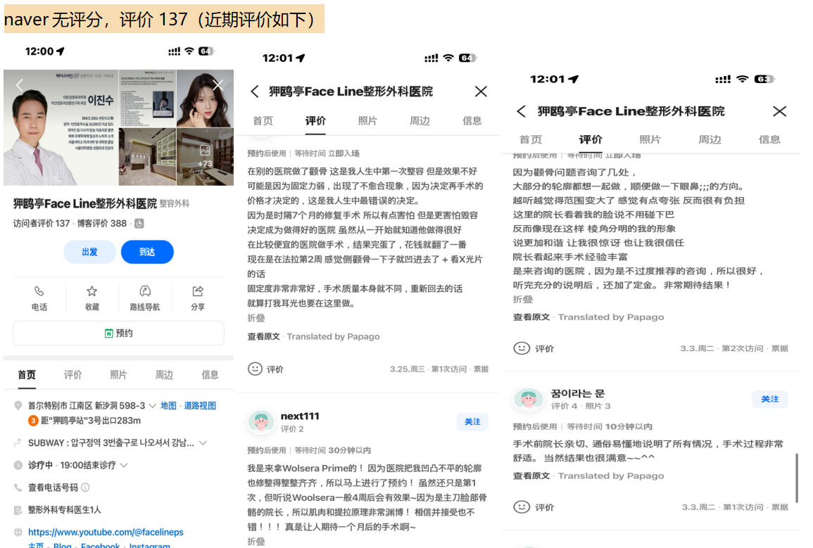 韩国医院本地评价&评分汇总——Face line整形外科