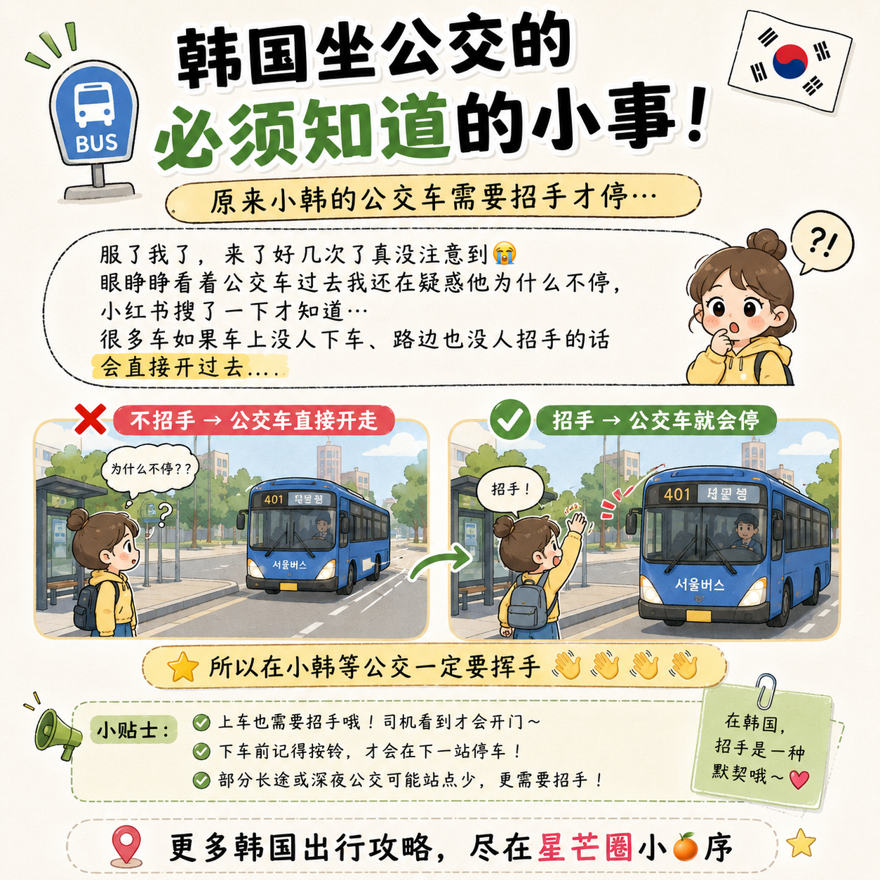 原来在韩国坐公交，要招手才会停…