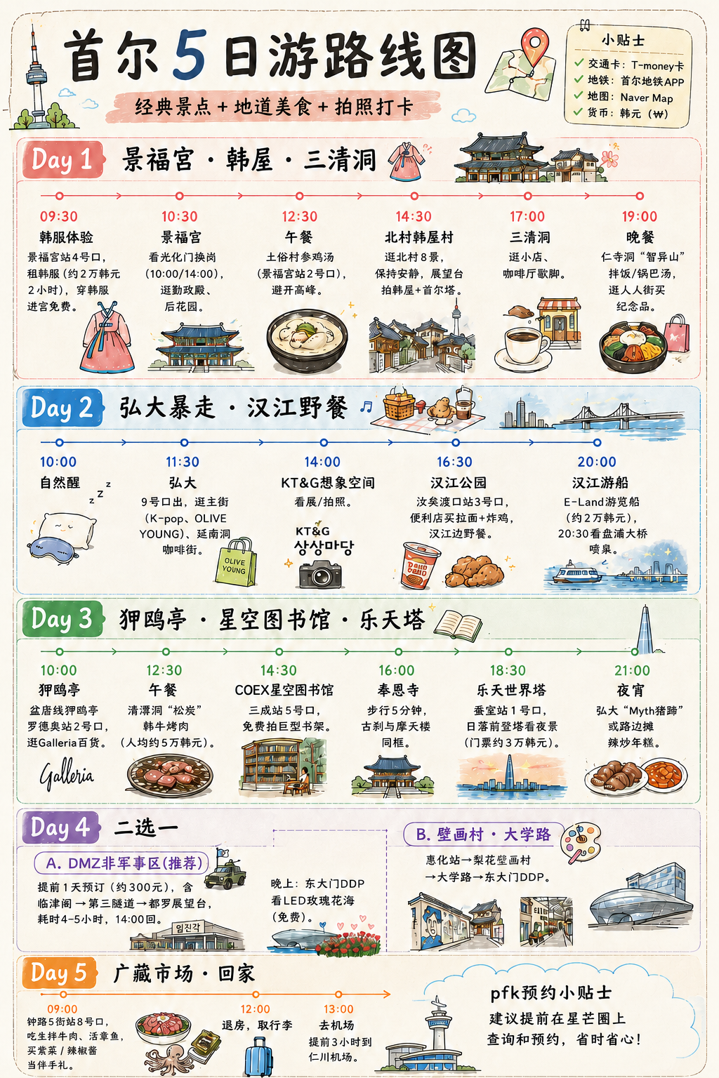 第一次来首尔旅游，五天四晚路线图