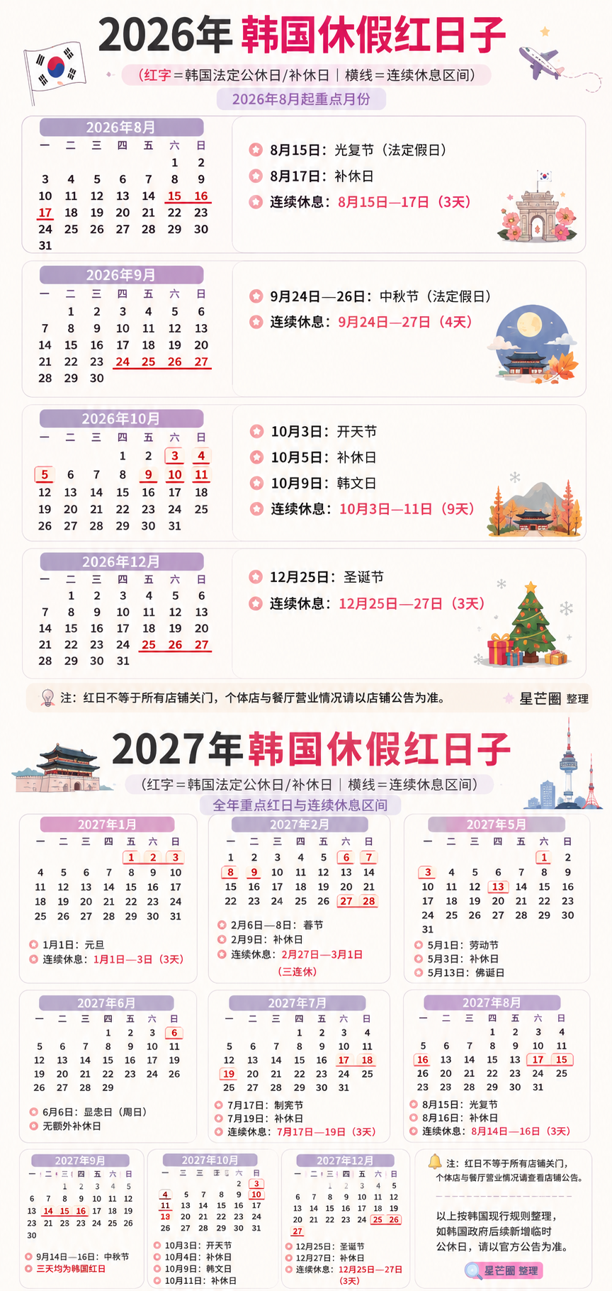 26年/27年 韩国休假红日子